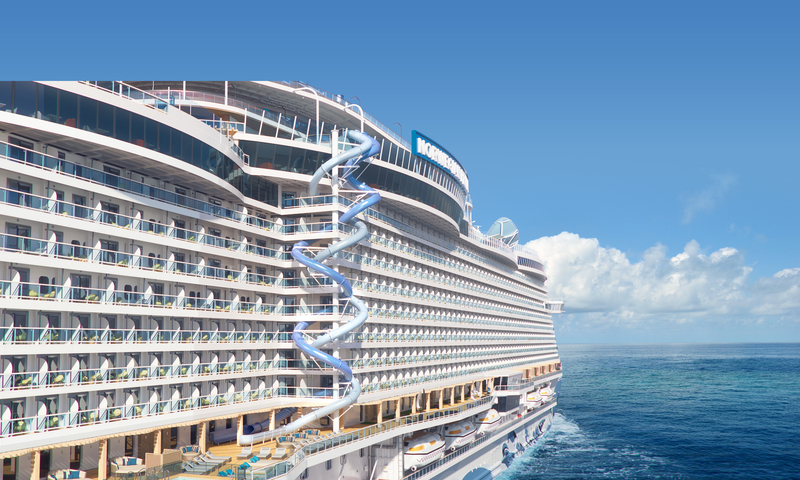 The Drop, is the signature dry slide that rushes guests down 10 decks – from deck 18 to eight
